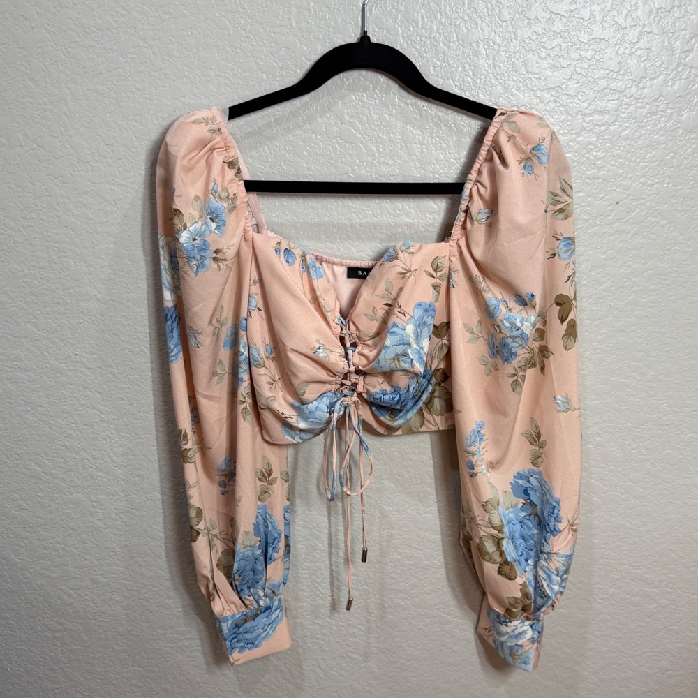 BANJUL Womens Sz S Peach‎ Pink Floral Crop Top Puff Sleeve Romantic Cottagecore